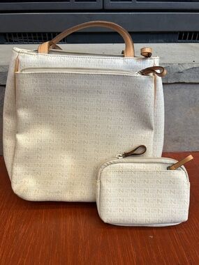 Nine West Cream Tote with Tan Trim and Matching Pouch - Monogram Print